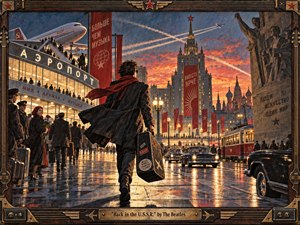 A windswept traveler carrying a guitar case strides through a bustling Soviet city at sunset, surrounded by glowing airport windows, vintage cars, trams, red banners, monumental architecture, and distant onion domes. Warm orange light reflects on wet pavement, while textured gouache-like brushwork, weathered surfaces, and a carved bronze-and-wood frame create energetic retro drama.
