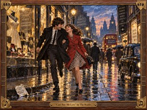 A joyful young couple runs arm in arm through a rain-slicked 1960s Liverpool street, surrounded by glowing shop windows, black taxis, umbrellas, and a red double-decker bus. Warm gold reflections contrast with cool blue twilight, creating a romantic, energetic oil-painted scene framed in carved wood and brass musical details.