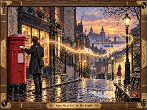 A rain-slicked 1960s Liverpool street glows at sunset as a young man posts a letter, sending a golden ribbon of light toward a waiting woman in the distance. Warm amber lamps, cool blue-gray cobblestones, reflective puddles, and harbor architecture create a romantic, hopeful mood in richly textured watercolor and gouache.