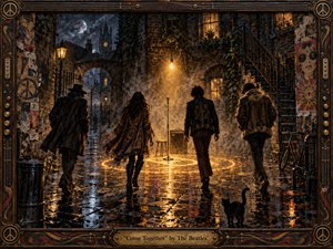 Four enigmatic figures converge through a rain-soaked London courtyard toward a glowing microphone and amber circle of light. Moonlit indigo brickwork, mist, wet reflections, and psychedelic poster fragments create a mysterious late-1960s mood. Rich oil-paint textures, warm brass highlights, and an ornate musical frame reinforce unity, tension, and nocturnal energy.