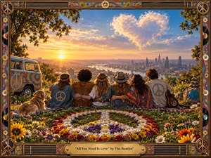 Six friends sit arm in arm on a flower-covered hillside overlooking a riverside city. Golden light warms the peaceful, nostalgic scene, with a painted van, dog, guitar, and floral peace sign beneath a heart-shaped cloud. Photorealistic detail and psychedelic colors complement an ornate musical frame and brass title plate.