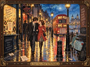 A young couple strolls arm in arm through a rain-slicked 1960s Liverpool street, glowing with warmth, optimism, and romantic energy. Golden lamps, a red double-decker bus, music-club signs, and blue twilight reflections create lively depth. The handcrafted gouache-and-watercolor style, ornate wood-and-brass frame, and musical details evoke joyful Beatles-era nostalgia.