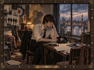 A solitary young man sits beside a black rotary telephone in a rain-darkened London room, surrounded by records, sheet music, and a guitar. Warm lamplight contrasts with the cold blue city beyond the window, creating a mood of isolation and yearning. Painterly textures, muted browns, and worn details evoke the 1960s.