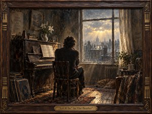 A solitary pianist sits in a warmly worn London room, gazing toward rain-streaked windows and a glowing dawn skyline. Golden light cuts through muted browns, charcoal shadows, and weathered textures, creating a reflective, peaceful mood. A sleeping dog, scattered records, lilies, sheet music, and aged furnishings enrich the intimate painterly scene.