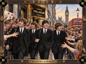 A jubilant 1960s London street scene shows The Beatles moving through ecstatic crowds outside the Palladium, framed by glowing theater lights, Big Ben, and a red double-decker bus. Warm golds, deep blacks, and evening blues create nostalgic energy, while painterly brushwork, wet pavement, reaching hands, and musical frame details heighten the excitement.