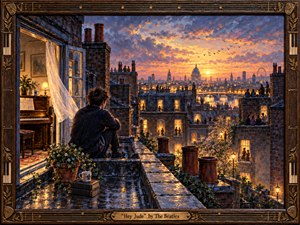 A solitary young man sits on a rain-slick London rooftop beside a warmly lit room and upright piano, gazing toward a glowing sunset. Deep blues, violets, amber, and gold shape the reflective cityscape, while distant rooftop gatherings, birds, chimneys, and illuminated windows create a hopeful, communal mood in richly textured painterly detail.