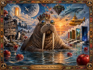 A crowned walrus rises from reflective water in a surreal psychedelic dreamscape of floating islands, glowing doors, drifting apples, a whale, penguin, and yellow submarine. Fiery sunset light meets cool moonlit blues, creating playful mystery and disorientation. Rich painterly textures, fantastical depth, and an ornate vintage frame reinforce the theatrical 1960s atmosphere.