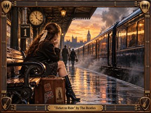 A contemplative young woman sits on a rain-soaked railway platform beside a worn leather suitcase, watching a vintage train depart beneath a glowing sunset. Warm amber lamps contrast with deep blue shadows, while steam, wet reflections, and distant city architecture create cinematic depth. The handcrafted brass-and-string frame adds nostalgic 1960s character.