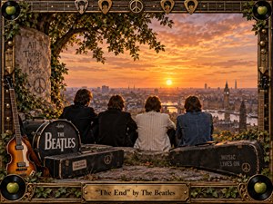 Four musicians sit overlooking London at sunset, surrounded by guitars, cases, records, ivy, and weathered stone. Golden-orange light fills the skyline and river, creating a reflective, bittersweet mood. The richly detailed painterly style, vintage textures, symbolic peace motifs, and ornate instrument-inspired frame suggest farewell, memory, unity, and enduring music.