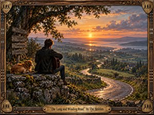 A solitary traveler with a guitar and faithful dog overlooks a luminous countryside where a winding road leads toward a glowing sunset. Warm gold, green, and amber tones create a reflective, bittersweet mood. Rich painterly textures, dramatic clouds, distant cottages, symbolic signposts, and an ornate musical frame deepen the nostalgic atmosphere.