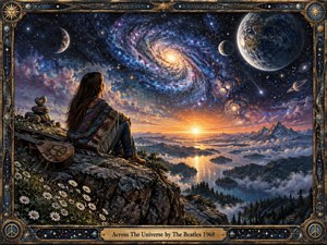 A solitary figure sits on a rocky overlook beside an acoustic guitar, gazing across misty mountains and reflective waterways beneath a vast cosmic sky. Spiraling galaxies, planets, and stars glow in deep blues, violets, and golds, creating a peaceful, contemplative mood framed by ornate celestial metalwork and warm sunset light.