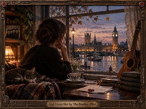 A woman sits quietly beside a rain-speckled window overlooking twilight London, framed by warm lamplight, ivy, books, a resting cat, and an acoustic guitar. Amber and blue tones create a tender, nostalgic mood, while intricate carved woodwork, musical ornaments, soft reflections, and vintage realism give the scene intimate handcrafted depth.