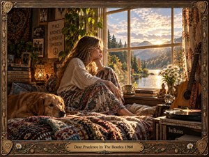 A young woman sits thoughtfully beside a sunlit window overlooking a peaceful mountain lake, surrounded by books, flowers, records, a guitar, and a resting dog. Warm golden light, earthy browns, patterned textiles, and lush greenery create a reflective 1960s atmosphere, framed by ornate wood, brass, floral, and musical details.