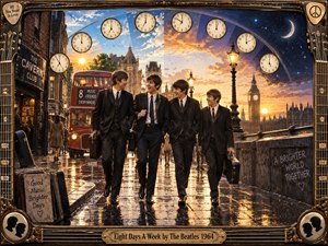 Four young musicians in dark 1960s suits walk together along a rain-slick London street, framed by glowing lamps, a red double-decker bus, Big Ben, and shifting skies from sunrise to night. Warm gold, blue, and amber tones, vintage realism, reflective pavement, clocks, guitars, and ornate brass details create a joyful, nostalgic atmosphere.