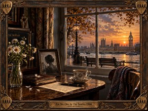 A warmly lit riverside interior frames a quiet moment of loss, with wilting daisies, an old photograph, books, tea, and a handwritten letter scattered across a polished wooden table. Golden sunset light fills the room, while London glows beyond the window. Ornate wood and bronze framing deepen the nostalgic, handcrafted mood.