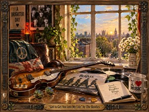 A warmly lit 1960s-inspired music room overlooks London at sunset, filled with Beatles records, a vintage guitar, plants, daisies, memorabilia, and reflective sunglasses. Golden light, rich wood, worn textures, and nostalgic details create an affectionate, hopeful mood, framed by ornate instrument-inspired craftsmanship and a polished engraved title plate.