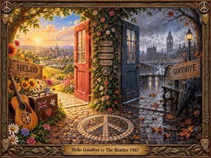 A richly detailed split scene contrasts a glowing countryside with a rain-darkened London streetscape, joined by paired open doors wrapped in flowers. Warm golds, vivid blossoms, and sunlight oppose cool grays, wet stone, and lamplight. A handcrafted musical frame, guitar, suitcase, peace symbols, and engraved title plate reinforce the nostalgic 1960s mood.