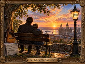 A warm, nostalgic painting shows an adult and child seated together on a hilltop bench overlooking a glowing Liverpool skyline at sunset. Golden light, pink-blue clouds, autumn foliage, a vintage lamppost, weathered guitar, and symbolic books create a hopeful, reflective mood, enclosed by an ornate musical frame.