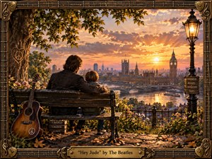 A father and child sit closely on a weathered bench above the Thames, facing a glowing London sunset. Warm gold, amber, and russet tones create a tender, hopeful mood, while the guitar, carved peace symbol, flowers, lamplight, and ornate musical frame give the richly detailed painterly scene nostalgic warmth and emotional resonance.