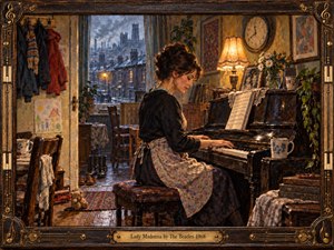 A resilient woman plays a worn upright piano in a modest late-1960s home overlooking a rainy industrial city. Warm amber lamplight contrasts with cool blue-gray streets outside, creating a tender, reflective mood. Painterly oil textures, family objects, flowers, toys, and an ornate musical frame enrich the intimate composition.