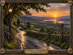 A rain-darkened country road winds through rolling green hills toward a glowing sunset over distant water and mountains. Warm amber light reflects across the pavement, balancing melancholy with quiet hope. A bicycle, lamppost, stone walls, cottage, and time-marked signpost enrich the nostalgic, painterly scene within an ornate musical frame.