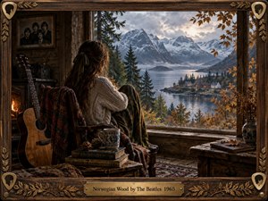 A contemplative woman sits beside a wide cabin window overlooking a misty Nordic fjord, evergreen forests, village lights, and snow-covered mountains. Warm firelight contrasts with the cool landscape, while a guitar, books, mug, textiles, and rustic furnishings create an intimate, nostalgic mood framed in carved wood and brass.
