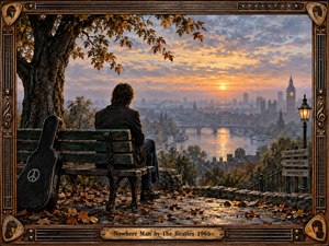 A solitary man sits on a weathered bench above a misty riverside city at sunset, his guitar case resting nearby. Warm amber light contrasts with cool blue-gray haze, creating a reflective, isolated mood. Rich oil-paint textures, autumn leaves, distant architecture, vintage lamplight, directional signs, and an ornate musical frame deepen the nostalgic composition.