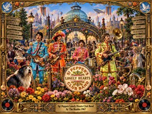 A vivid psychedelic garden concert centers on four colorfully uniformed musicians performing amid overflowing flowers, brass instruments, and an eccentric crowd. Warm golden light, saturated reds, blues, greens, and yellows create a celebratory dreamlike mood, while ornate gilded framing, whimsical architecture, vintage details, and intricate painterly textures evoke theatrical 1960s fantasy.