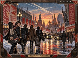A group of young musicians strides through a snowy, Soviet-era city square at glowing sunset, carrying instrument cases toward monumental towers and onion domes. Wet pavement mirrors crimson banners, amber lamps, and icy blue shadows. The richly weathered poster-painting style, dramatic sky, bustling crowds, and guitar-inspired frame create rebellious, nostalgic energy.