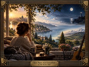 A contemplative woman sits beside a sunlit window overlooking a sweeping coastal landscape that shifts from golden city dawn to moonlit sea and distant mountains. Warm browns, deep blues, soft greens, and glowing light create a tender, timeless mood. Books, flowers, a sleeping cat, guitar, and ornate musical frame enrich the handcrafted cinematic detail.