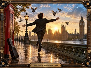 A joyful young man in a dark mod suit leaps along a rain-slicked London riverside toward glowing Westminster at sunset. Golden light, blue clouds, pigeons, reflections, and a red telephone box create an exuberant 1960s atmosphere. A richly crafted wood-and-brass musical frame with guitar details and vinyl accents completes the cinematic scene.