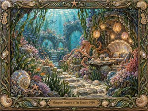 A warm, whimsical octopus rests within an enchanted underwater garden of coral, shells, swaying seaweed, and glowing lanterns. Turquoise water and golden sunbeams create a peaceful, dreamlike refuge, while stone pathways and pearl details add depth. Rich painterly textures and an ornate nautical frame complete the handcrafted scene.