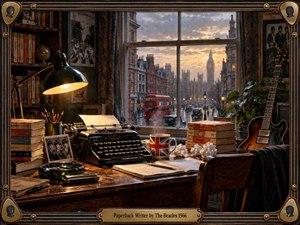A warmly lit 1960s London writing room centers on a vintage typewriter, scattered manuscripts, books, and a guitar beside a rain-streaked window overlooking Big Ben and red buses. Amber lamplight contrasts with cool twilight blues, creating an ambitious, restless mood within richly textured, cinematic realism and an ornate period-inspired frame.