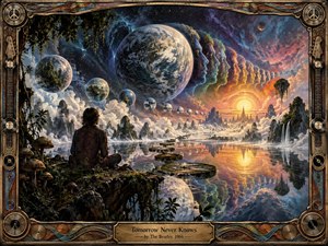A solitary figure sits beside a mirrorlike cosmic lake, facing luminous worlds, drifting spheres, and repeating rainbow profiles that dissolve toward a radiant horizon. Rich blues, golds, violets, and fiery oranges create a hypnotic psychedelic mood, while detailed rock, foliage, waterfalls, reflections, and an ornate vintage frame give the surreal vision handcrafted depth.