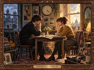 A thoughtful couple faces each other across a worn wooden table in a cozy 1960s flat, framed by rain-darkened blue light on one side and warm golden sunlight on the other. Painterly textures, a guitar, clock, flowers, records, scattered papers, and a carved wood frame create an intimate mood of tension, reflection, and reconciliation.