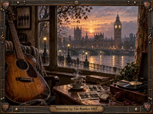 A worn acoustic guitar rests beside a rain-streaked London window overlooking Big Ben, Parliament, and the glowing Thames at sunset. Warm amber light contrasts with cool gray rain, while photographs, books, tea, a pocket watch, rose, and record player deepen the nostalgic mood. An ornate musical frame completes the richly cinematic, handcrafted scene.