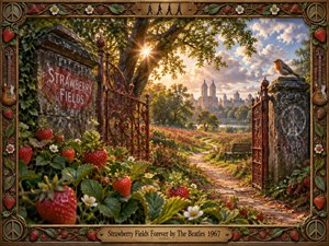 A sunlit garden unfolds beyond ornate red iron gates, where lush strawberry plants, winding paths, and distant city architecture create a nostalgic dreamscape. Warm golden light filters through mature trees, illuminating vivid reds, greens, and weathered stone textures. The richly handcrafted frame, musical details, robin, and engraved title plate deepen the whimsical, reflective mood.
