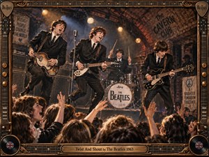 The Beatles perform with explosive energy inside a packed brick-walled club, surrounded by cheering fans, vintage amplifiers, guitars, and warm stage lights cutting through smoky air. Rich browns, amber highlights, black suits, and metallic details create a lively 1960s atmosphere, enclosed by an ornate guitar-themed frame and engraved title plate.