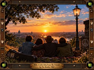 Four friends sit shoulder to shoulder on a grassy overlook, watching a radiant sunset glow across a river and distant city. Warm gold, amber, and deep blue tones create a nostalgic, uplifting mood. Detailed realism, soft atmospheric light, a vintage streetlamp, guitar case, peace symbols, and ornate musical framing reinforce the 1960s spirit.