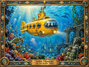 A weathered yellow submarine glides through a luminous underwater world filled with coral, tropical fish, jellyfish, turtles, dolphins, ancient ruins, and a distant glowing city. Sunbeams pierce turquoise water, creating a playful, dreamlike mood. An ornate nautical frame of brass, shells, anchors, and blue enamel completes the richly detailed storybook illustration.