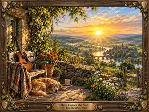 A warm sunrise spills across rolling green hills, a winding river, stone bridge, and distant village, viewed from a flower-filled cottage terrace. A resting golden dog, acoustic guitar, rustic bench, and garden details create peaceful nostalgia. Rich golden light, natural textures, painterly realism, and an ornate musical frame reinforce hope and renewal.