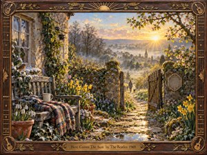 A sunlit cottage garden opens toward a misty valley, where a lone figure and small dog follow a glowing stone path into spring. Golden sunrise beams warm daffodils, blossoms, ivy, and weathered wood against cool lingering shadows. Painterly textures, reflective puddles, and an ornate guitar-inspired frame create nostalgic, handcrafted optimism.