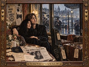 A tender couple sits close in a rain-soaked 1960s hotel interior while photographers gather beyond the window. Warm browns, aged gold, and muted reds contrast with cool blue-gray streets. Painterly textures, scattered travel papers, flowers, luggage, and a guitar case create an intimate, weary atmosphere framed by ornate wood and brass.