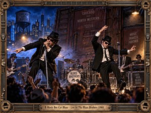 A high-energy blues performance unfolds before a roaring crowd in a gritty Chicago rail-yard setting. Two black-suited frontmen dominate the stage beneath smoky blue and amber lighting, backed by a full band, weathered boxcars, city lights, and industrial details. An ornate musical frame completes the cinematic concert artwork.