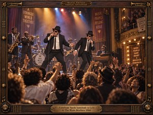 Two black-suited singers command a crowded theater stage as horns, drums, guitar, and organ drive the celebration behind them. Warm amber, blue, and red spotlights cut through smoky air while raised hands fill the foreground. Cinematic photographic realism, ornate wood and brass framing, and vintage details create joyful communal energy.
