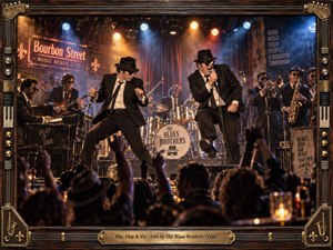 A packed blues club erupts with kinetic live energy as two black-suited frontmen command the smoky stage before a driving band of horns, guitar, piano, and drums. Warm amber and cool blue spotlights cut through haze, while raised audience silhouettes frame the cinematic, grainy scene within ornate wood and brass musical detailing.