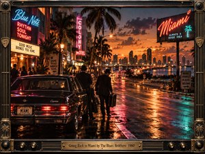 A rain-slicked Miami waterfront glows with neon reds, blues, and amber sunset light as two suited figures stand beside a dark sedan. Palm trees, nightlife signs, traffic, and the distant skyline create energetic homecoming momentum. Cinematic photographic realism, reflective pavement, and an ornate music-themed frame strengthen the soulful period atmosphere.