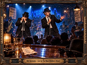 A lively Chicago blues club erupts with energy as suited performers command the stage before a packed crowd. Cool blue spotlights contrast with warm amber bar reflections, smoky shadows, brass instruments, and vintage decor. The cinematic painted style, ornate musical frame, and expressive gestures create a jubilant late-night atmosphere.