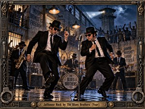 Two black-suited bluesmen dance around a vintage microphone in a crowded prison yard, backed by saxophone, guitar, drums, and cheering inmates. Moonlight, warm industrial lamps, wet reflections, and steel architecture create energetic cinematic drama, while an ornate metal frame with chains, musical symbols, and handcuffs reinforces the rebellious mood.