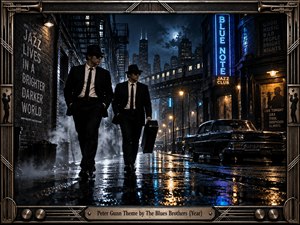 Two black-suited figures stride through a rain-soaked city street beneath elevated tracks, neon jazz signs, and a brooding skyline. Deep blues, charcoal shadows, chrome reflections, amber lamps, drifting steam, and a vintage car create cinematic noir tension. An ornate Art Deco metal frame with musical motifs completes the dramatic photographic composition.